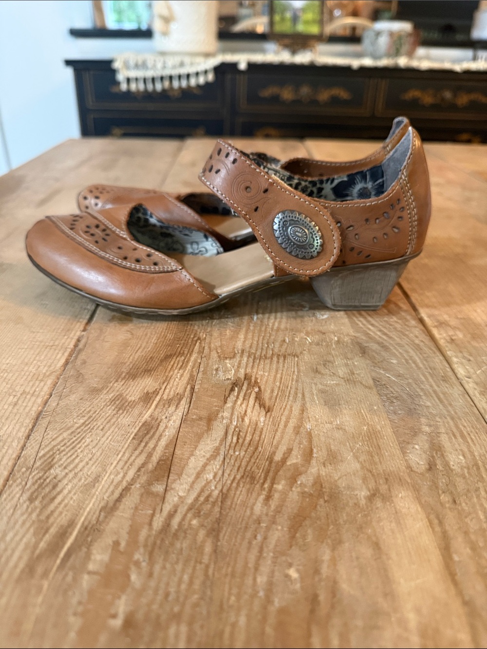 Rieker Brown Leather Mary Jane Heels with Concho Accent